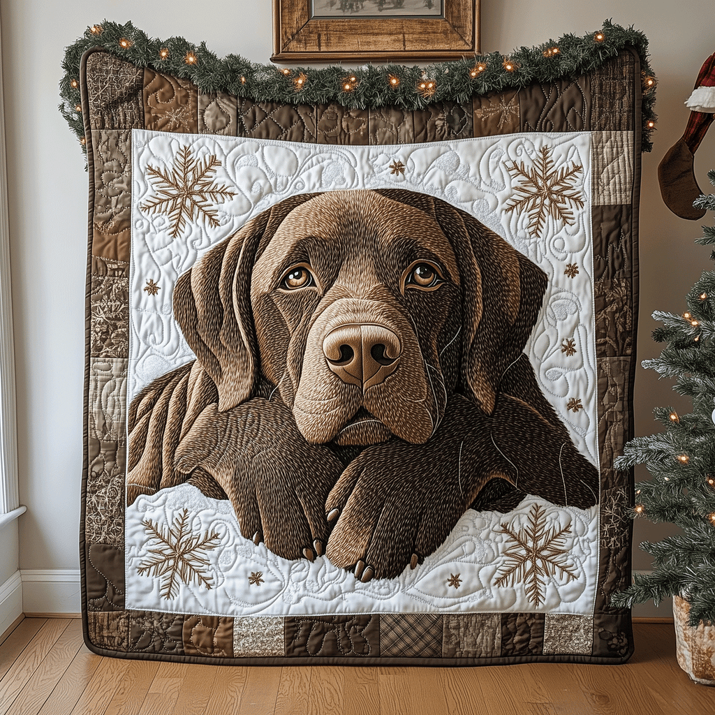 Chocolate Lab Snowflakes quilted throw – chocolate Labrador with a snowflake border