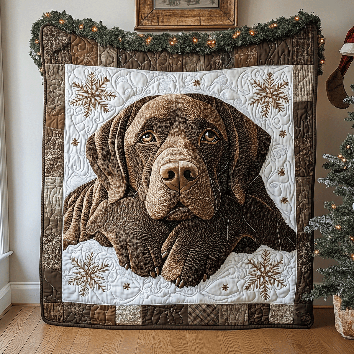 Chocolate Lab Snowflakes quilted throw – chocolate Labrador with a snowflake border