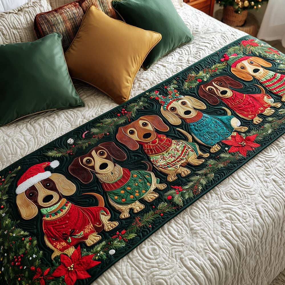 Christmas Dachshund Line-Up quilted bed runner – dachshunds in Santa hats on green
