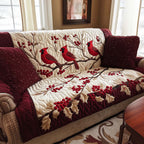Cardinal Berry Branch quilted sofa cover – cardinals on a berry branch