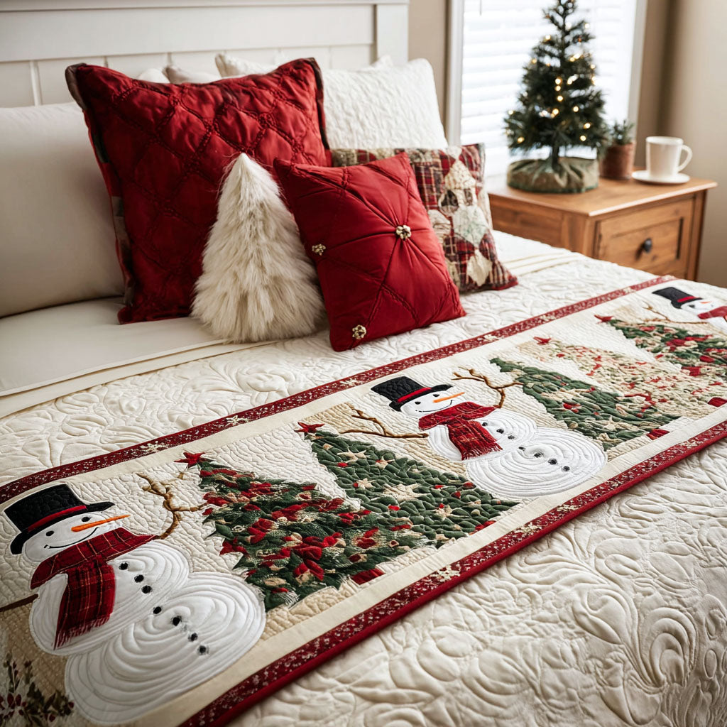 Snowman and Christmas Tree quilted bed runner – snowman beside a decorated tree