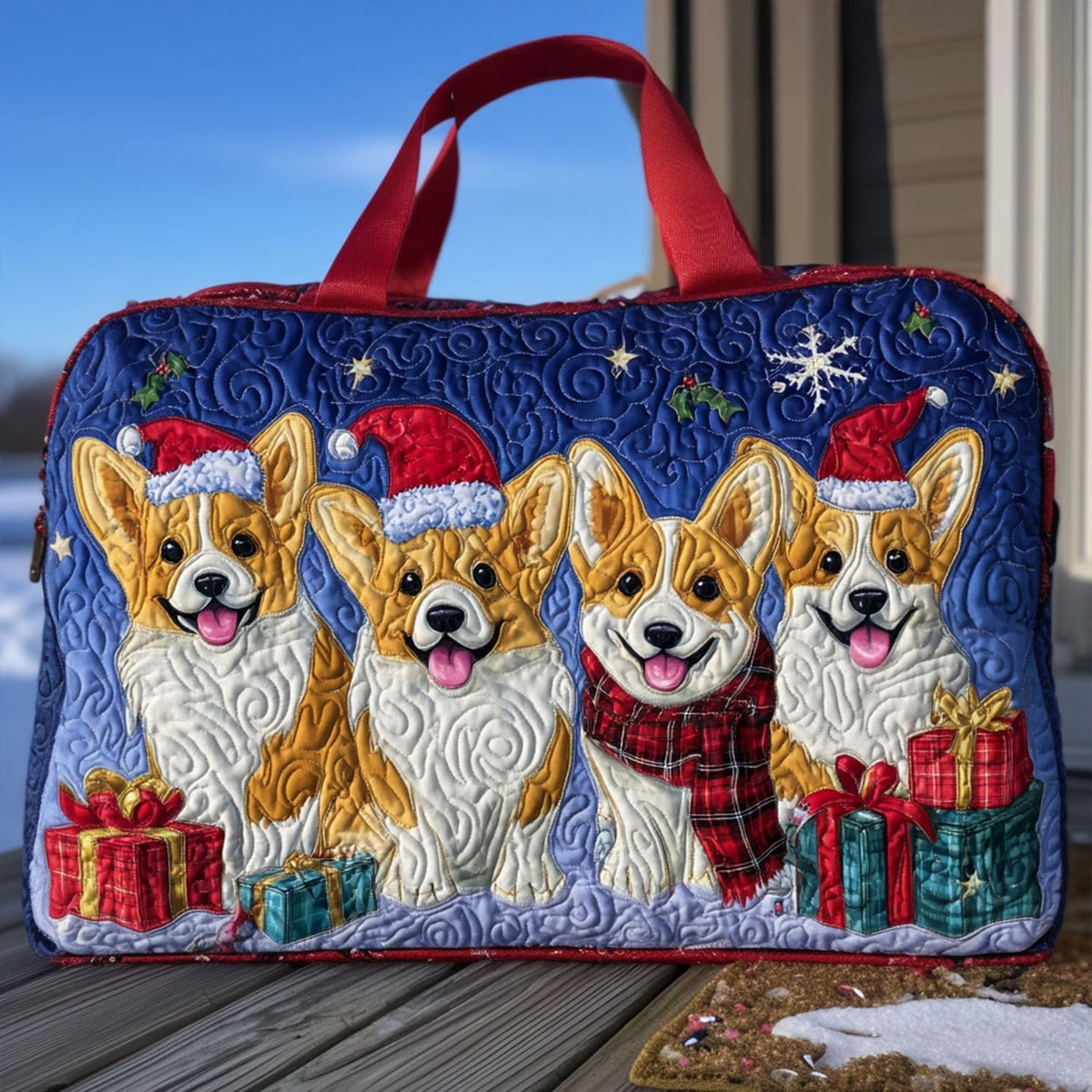 Snowy Pawprints quilted weekend bag – corgis with gifts