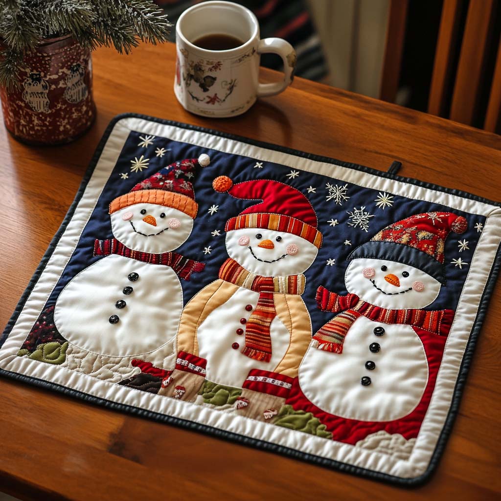 Snowy Trio Delight quilted placemats – three snowmen
