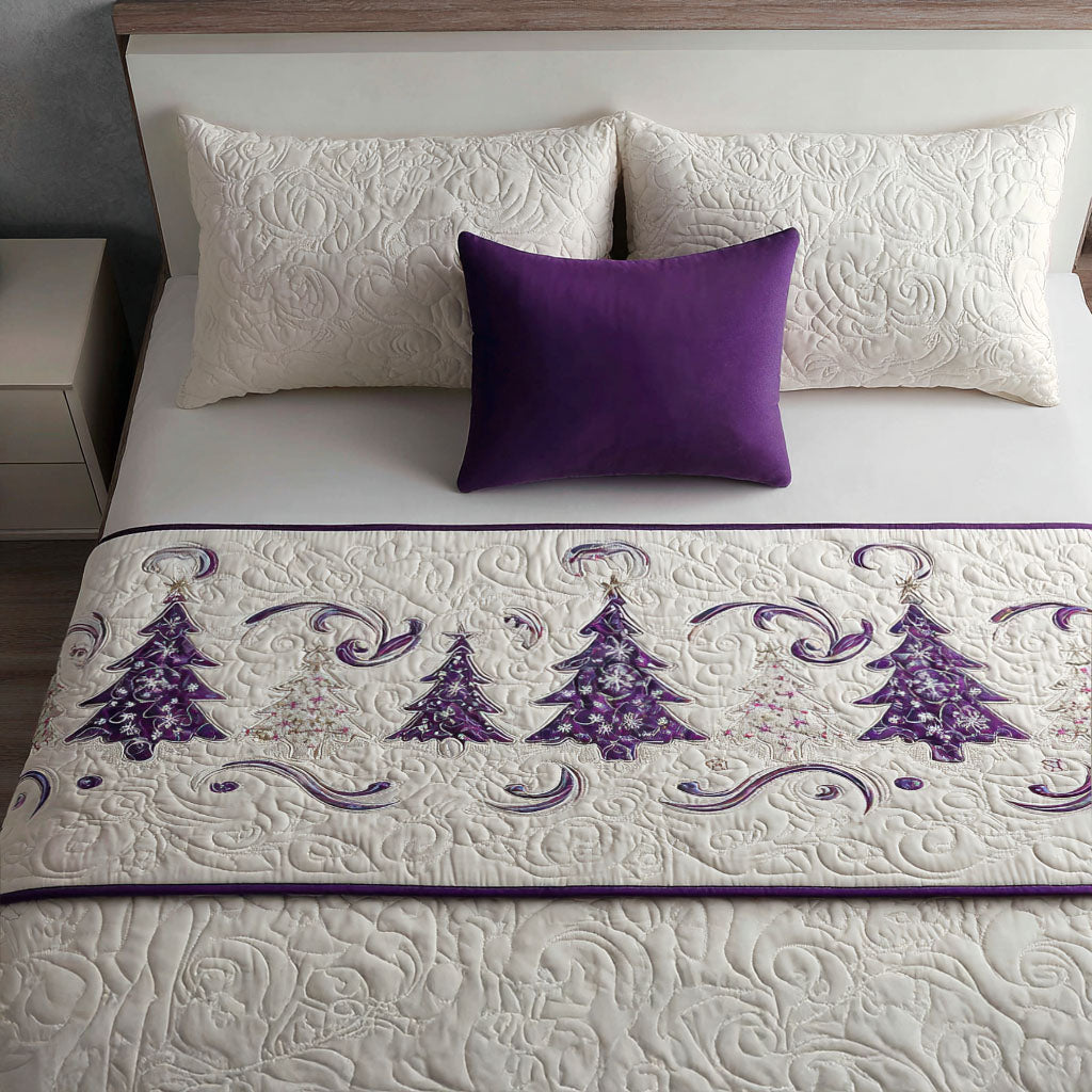Purple Pines and Swirls quilted bed runner – purple pine trees among swirls on cream
