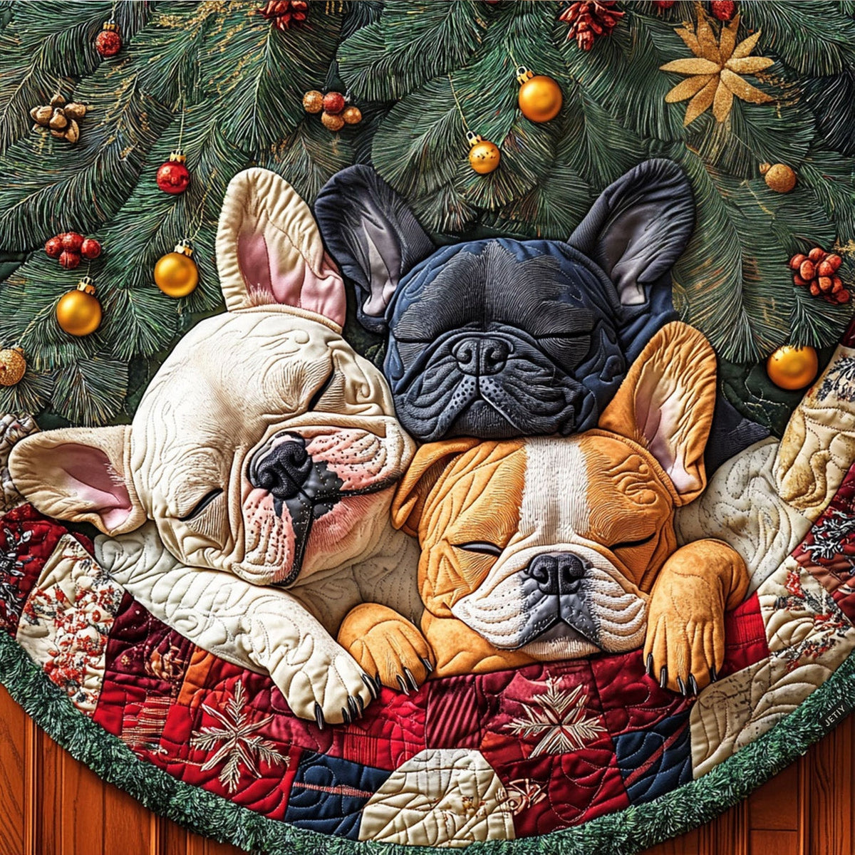 Sleepy Frenchies quilted Christmas tree skirt – sleeping French Bulldogs on red and green patchwork