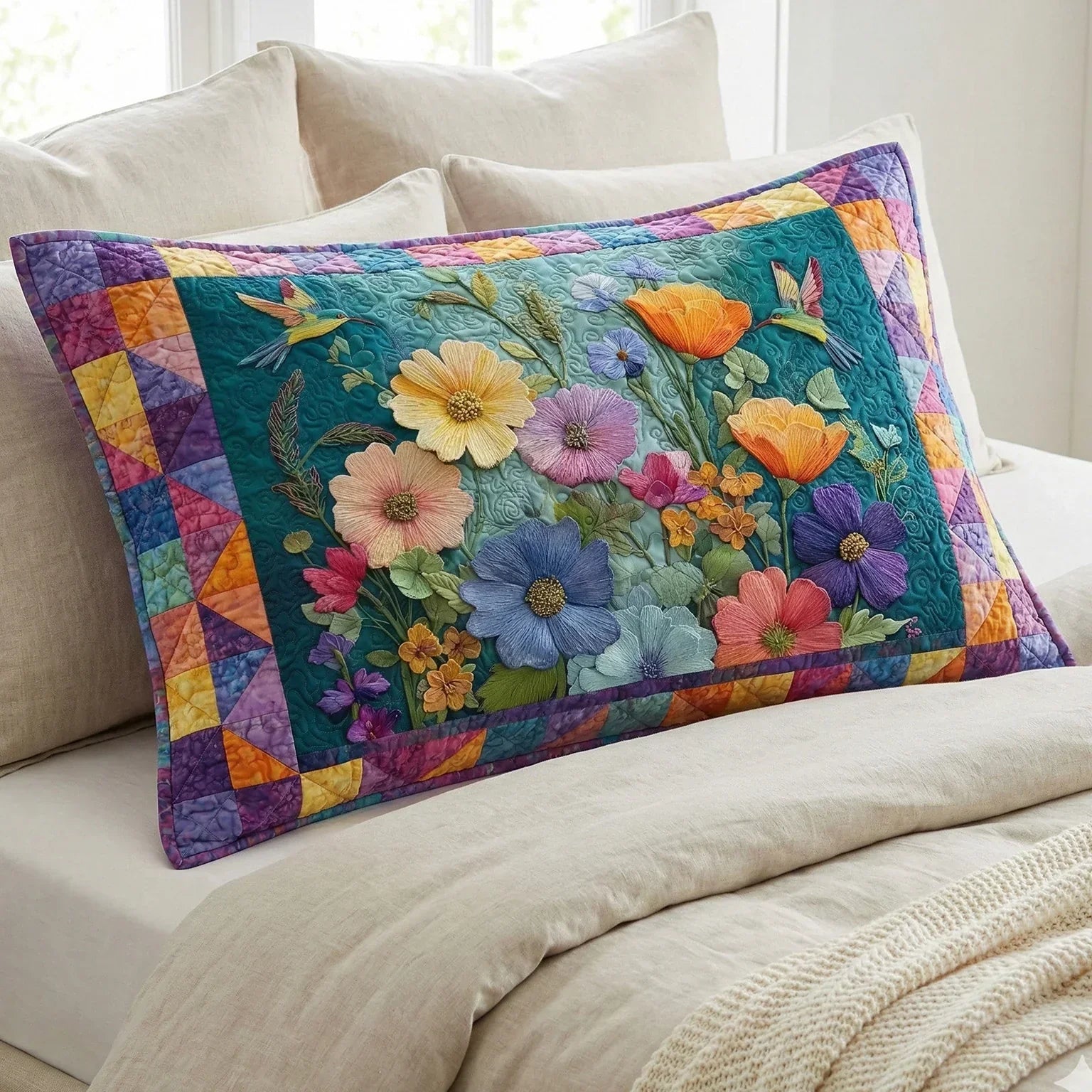 Quilted pillowcase with the Soft Petals design of loose blush, cream and pale grey petals softly drawn