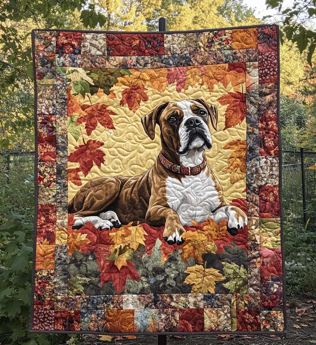 Boxer in the Leaves quilted throw – boxer among autumn leaves