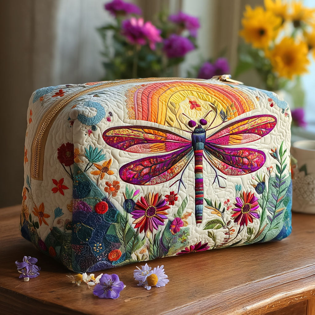Quilted make-up bag with the Soft Flight design of dragonflies drifting between Scandinavian folk-art wildflowers in dusky blue, sage and cream