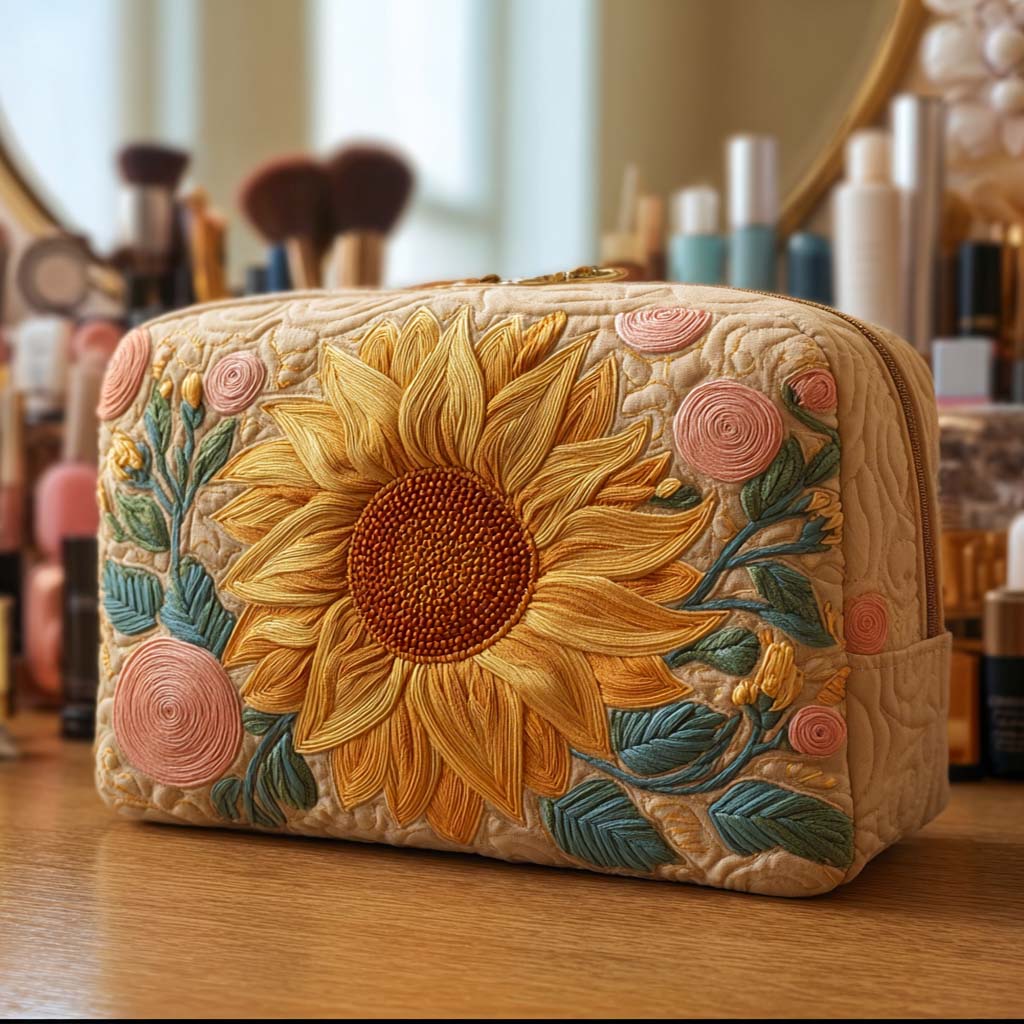 Quilted make-up bag with the Soft Sunshine design of pale sunflowers on a warm buttery ground in soft morning tones