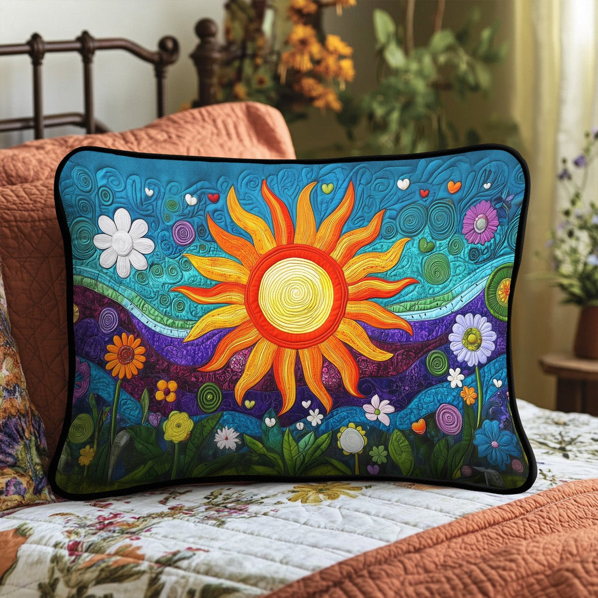 Sun over the Meadow quilted pillowcase – orange sun over purple hills and flowers