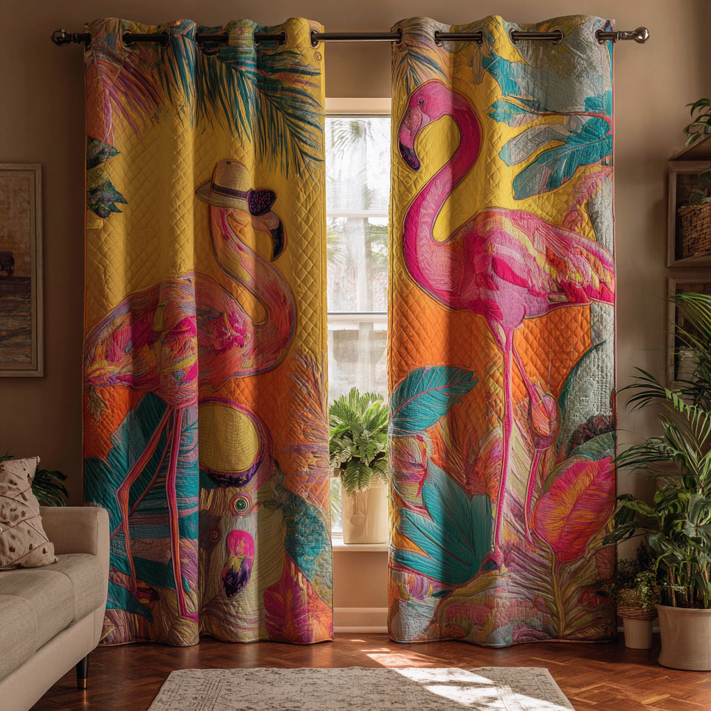 Bold Flamingo quilted curtains – pink flamingo on golden yellow
