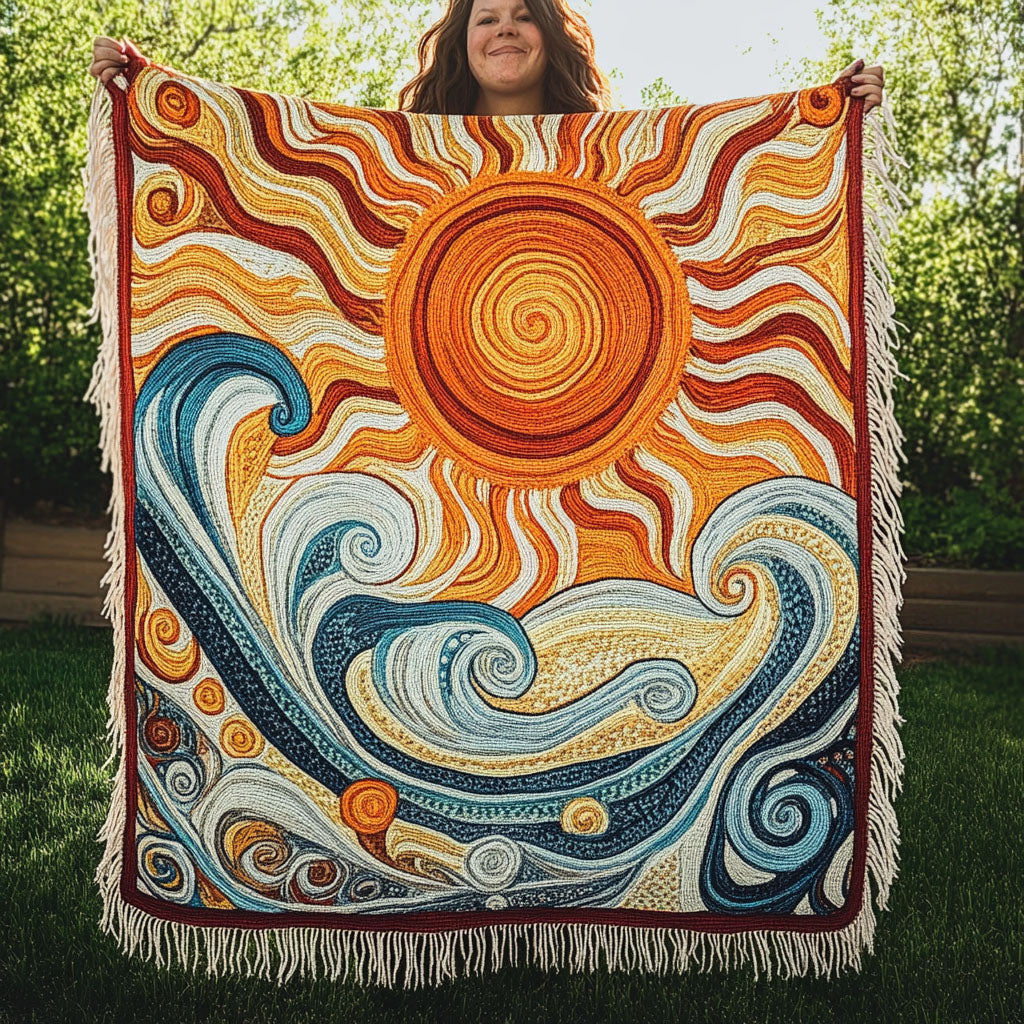 Golden Sun Spiral woven sofa throw – orange sun above swirling waves