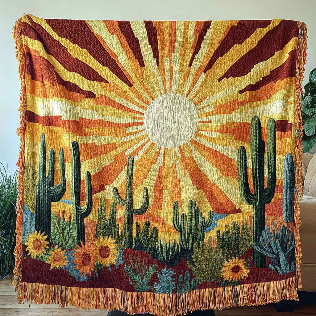 Sonoran Sunrays woven sofa throw – sunrays over cacti