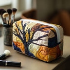 Soul Branches quilted make-up bag with stained-glass tree with a blue trunk and warm golden leaves