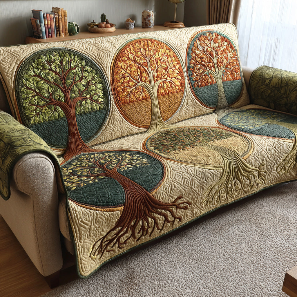 Four Seasons Trees quilted sofa cover – seasonal trees in round frames