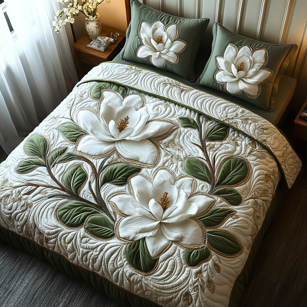 White Magnolia Sage quilted bedspread set – white magnolias on sage and cream
