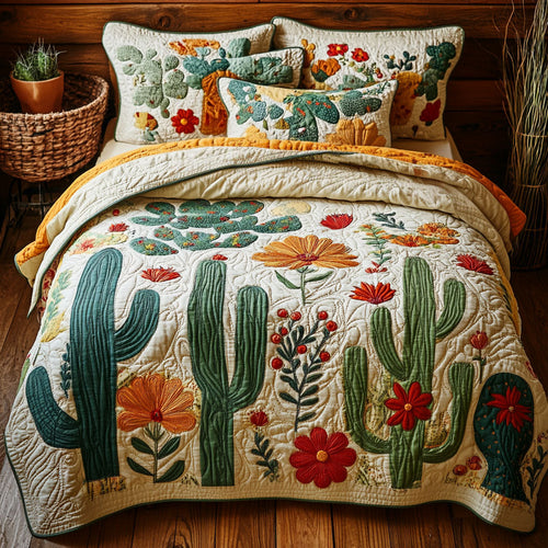 Cactus and Wildflowers quilted bedspread set – green cacti and orange wildflowers on cream