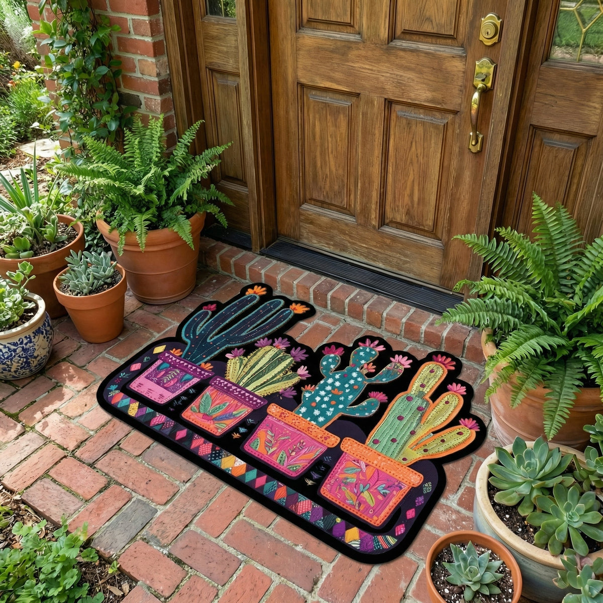 Southwest Soul shaped doormat – cacti in striped pots