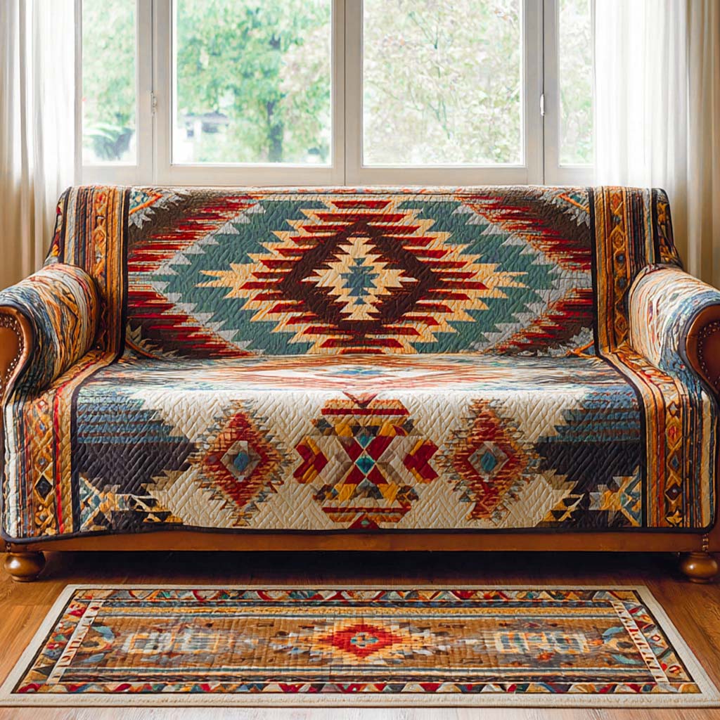 Sunset Diamond Kilim quilted sofa cover – red, teal and gold kilim diamonds