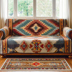 Sunset Diamond Kilim quilted sofa cover – red, teal and gold kilim diamonds