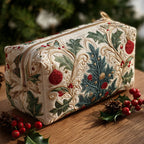Sparkle Lights quilted make-up bag with pine branches, red baubles and holly on ivory