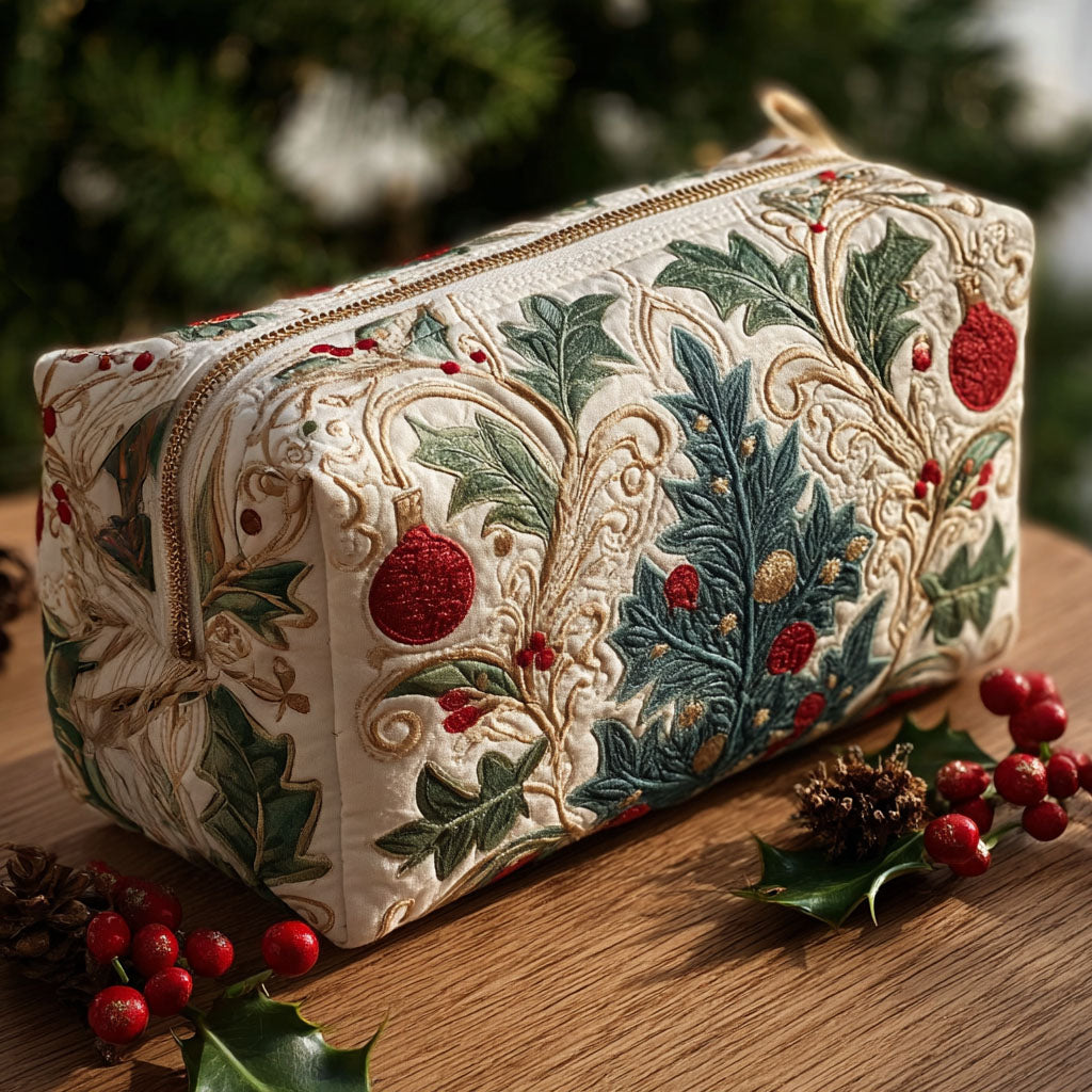 Sparkle Lights quilted make-up bag with pine branches, red baubles and holly on ivory