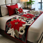 Poinsettias and Swirls quilted bed runner – red poinsettias among swirls on black