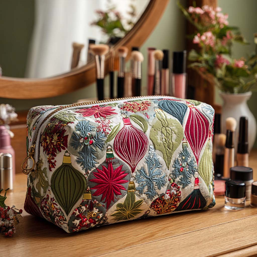 Quilted make-up bag with the Sparkle Bauble design of baubles, nutcrackers, candy canes and snowflakes among pine sprigs and poinsettia