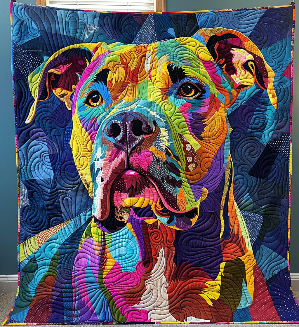 Rainbow Staffie quilted throw – staffie face in rainbow patchwork