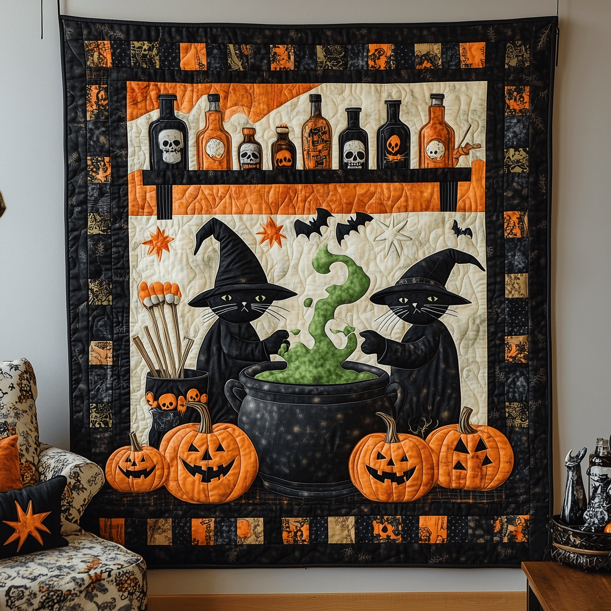 Witch Cats Potion Shelf quilted throw – witch cats brewing beneath potion bottles