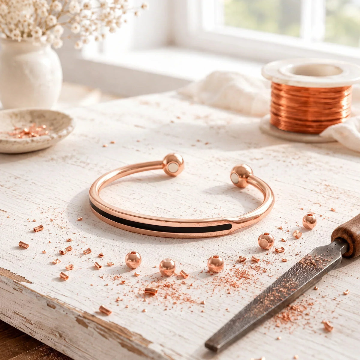 Slim magnetic copper bangle with a black stripe and ball ends