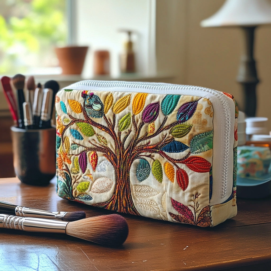 Spirit Grove quilted make-up bag with tree of life with rainbow leaves on cream