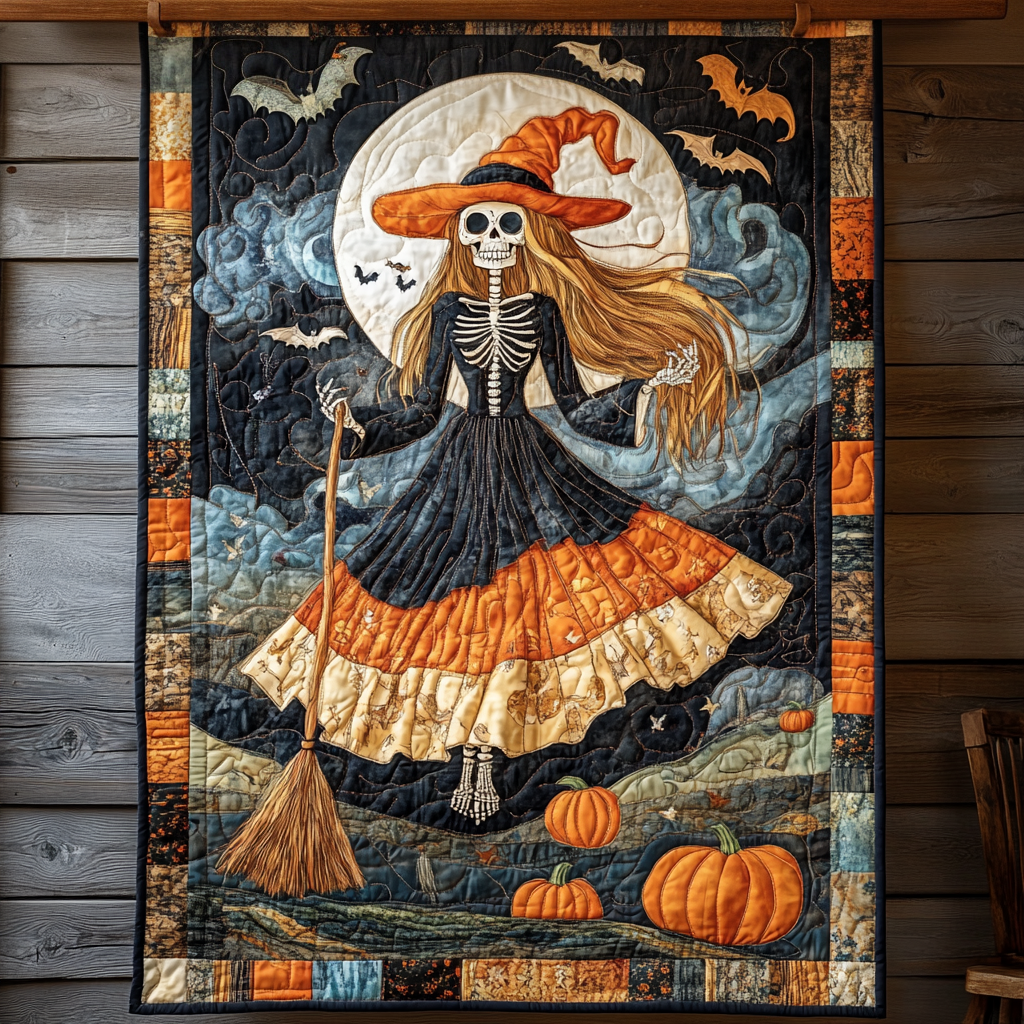 Skeleton Witch quilted throw – skeleton witch beneath a full moon