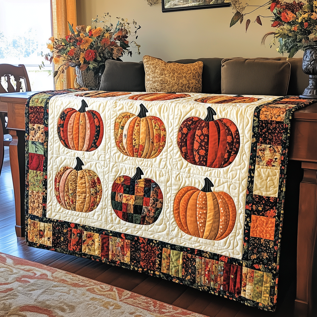 Pumpkin Patch Runner quilted throw – patchwork pumpkins on cream
