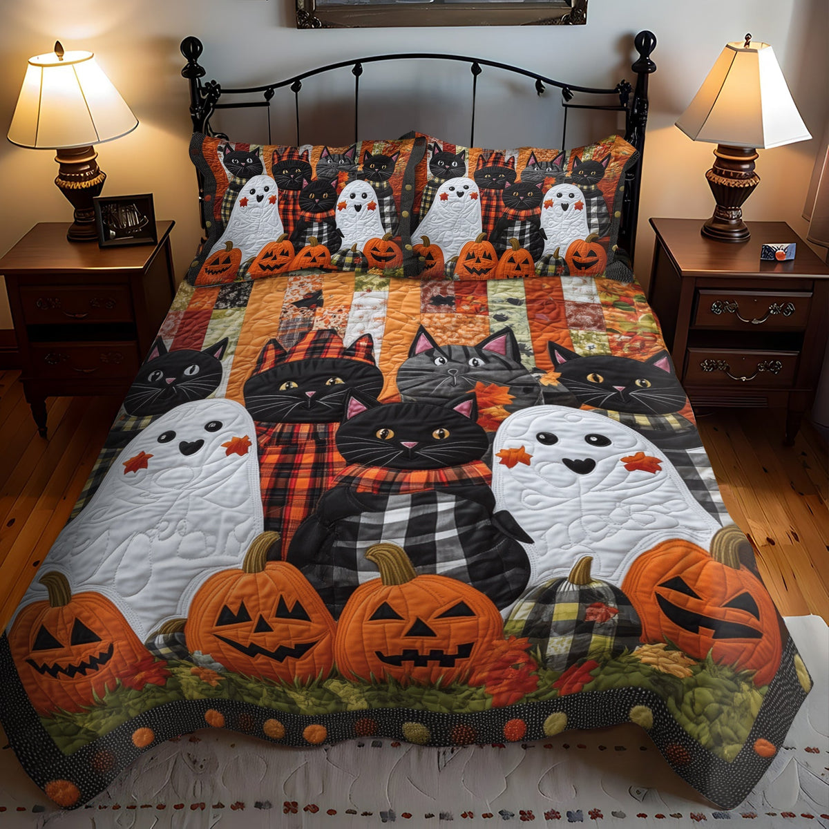 Ghosts and Black Cats quilted bedspread set – friendly ghosts and black cats with pumpkins