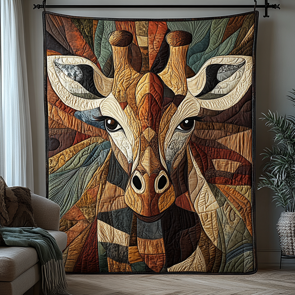 Patchwork Giraffe Face quilted throw – giraffe face in geometric patchwork