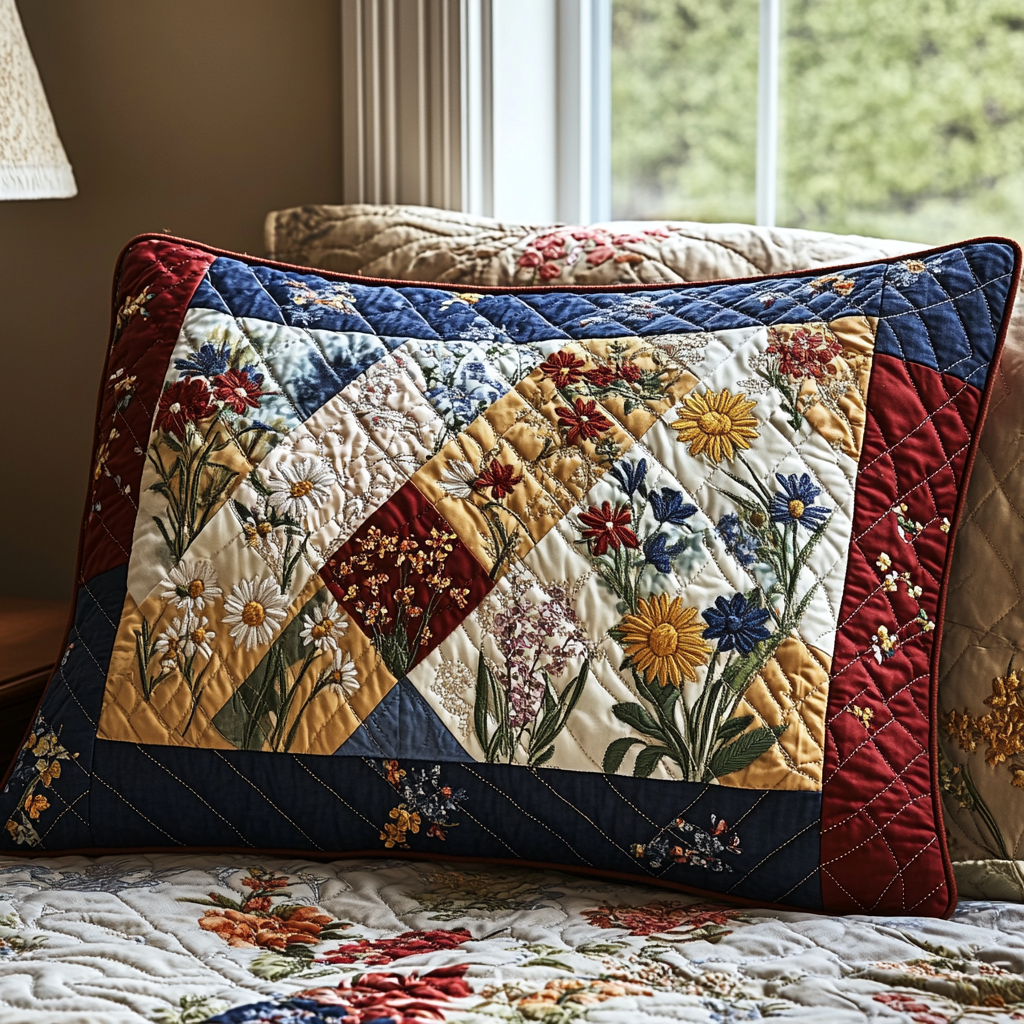 Wildflower Diamonds quilted pillowcase – wildflowers in patchwork diamonds