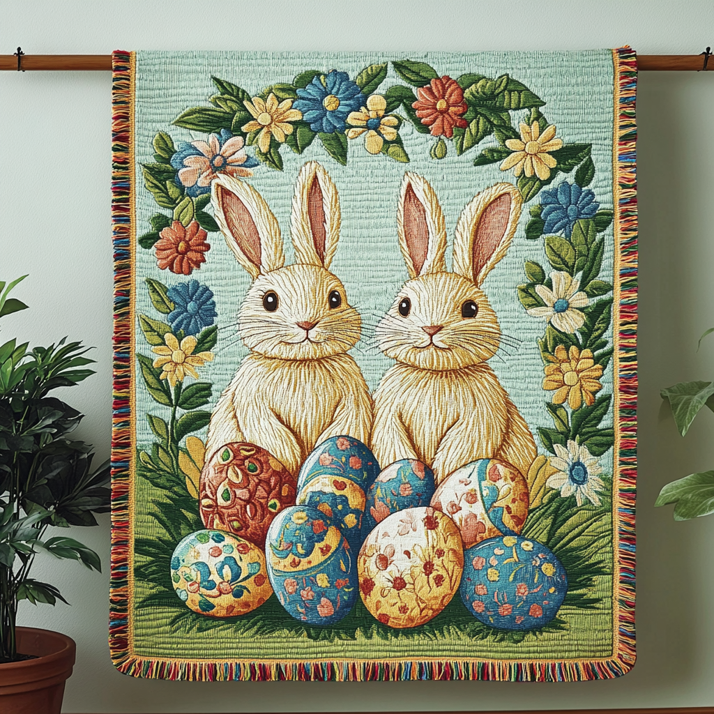 Bunny Pair Wreath woven sofa throw – two bunnies in a flower wreath
