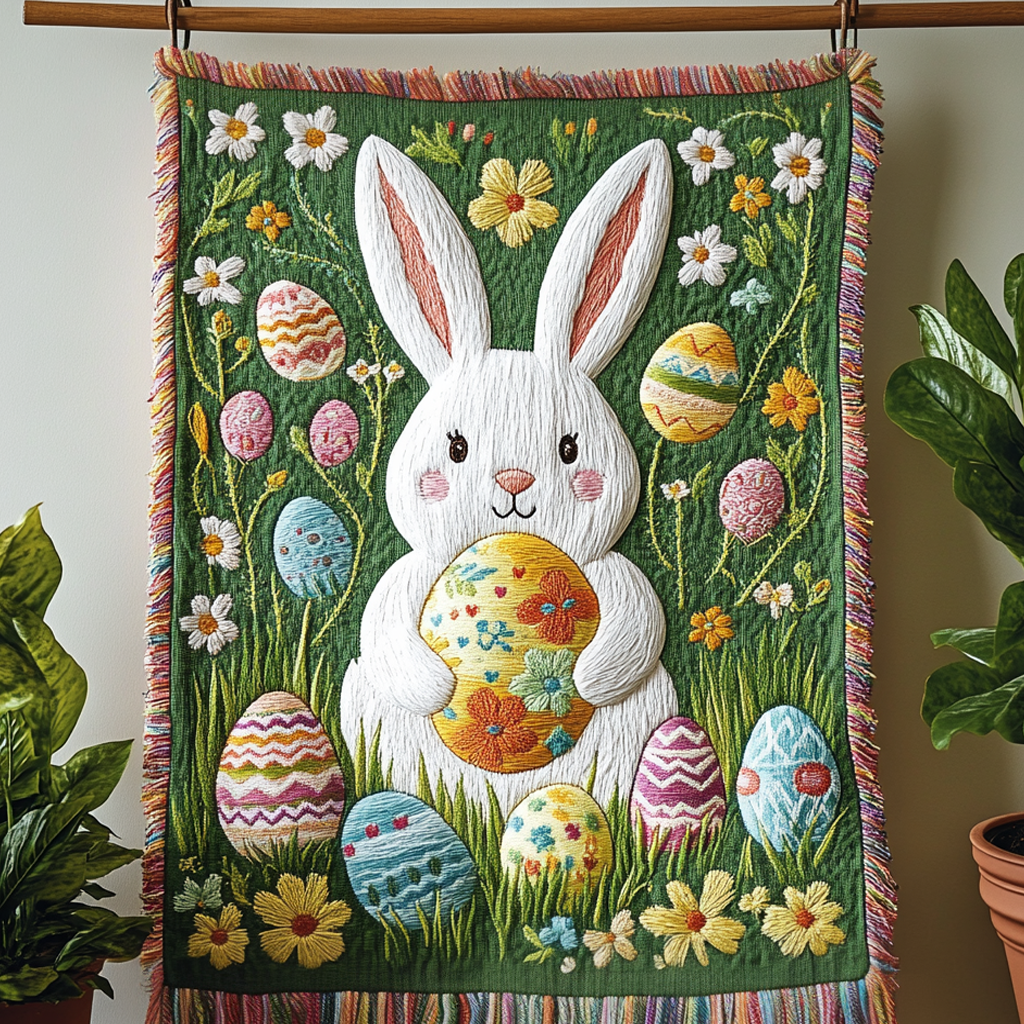 Spring Egg Bunny woven sofa throw – bunny holding a painted egg