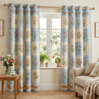 Pale Blue Meadow Squares quilted curtains – meadow flowers in pale blue squares