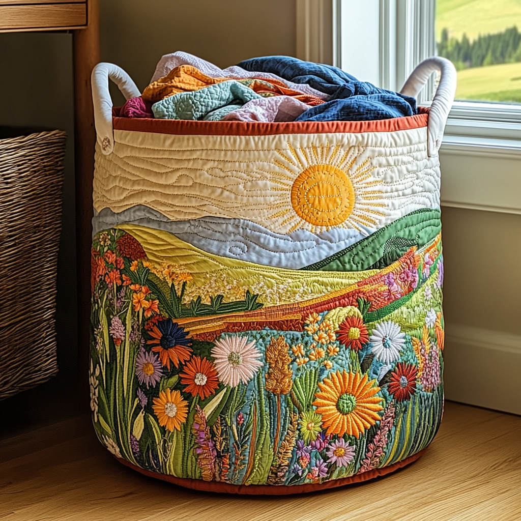 Quilted laundry basket with open blooms and a rising sun in fresh yellow and soft pink in the Spring Blossom design