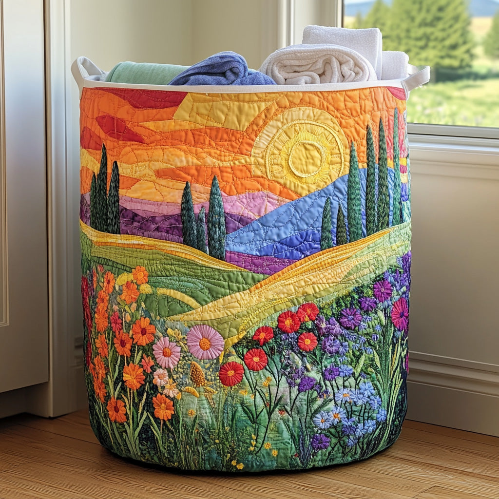 Quilted laundry basket with a Bright Meadow design of pink, blue and yellow meadow flowers scattered across the quilted fabric, with wave stitching and carry handles