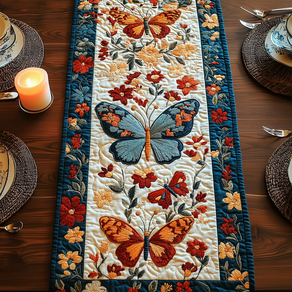 Butterfly Blossom quilted table runner – butterflies among blossoms