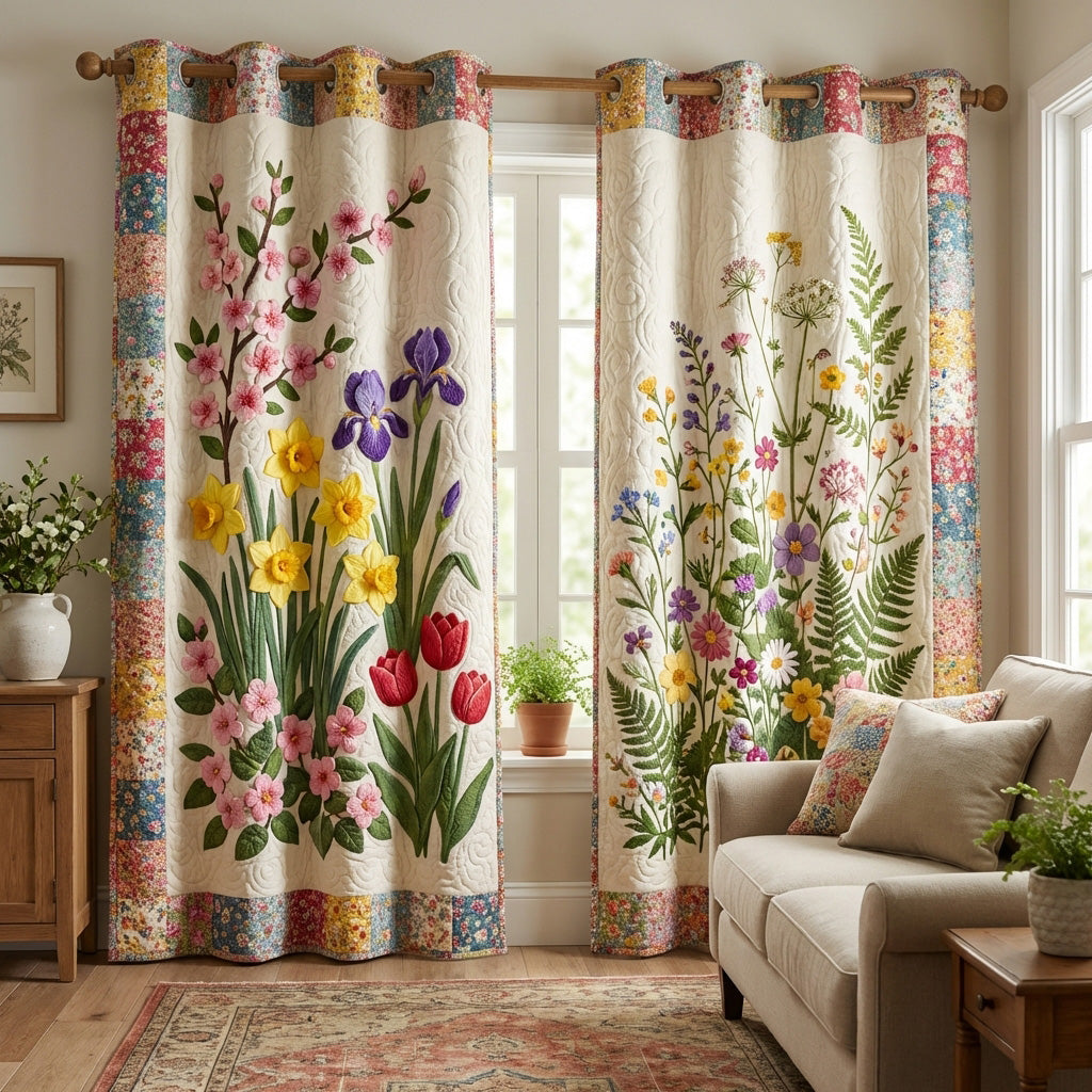 Spring Wildflower Border quilted curtains – tulips and blossom on cream