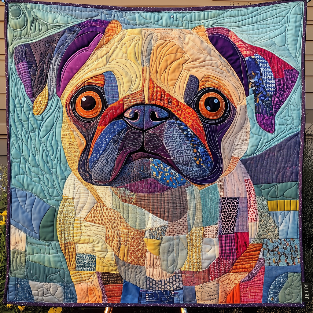 Patchwork Pug Love quilted throw – big-eyed Pug in pastel patchwork