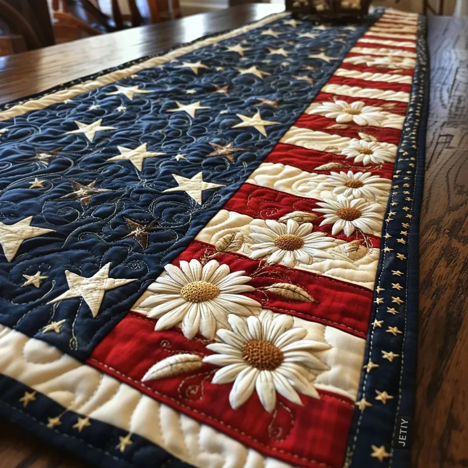 Quilted table runner with scattered stars on a deep indigo ground