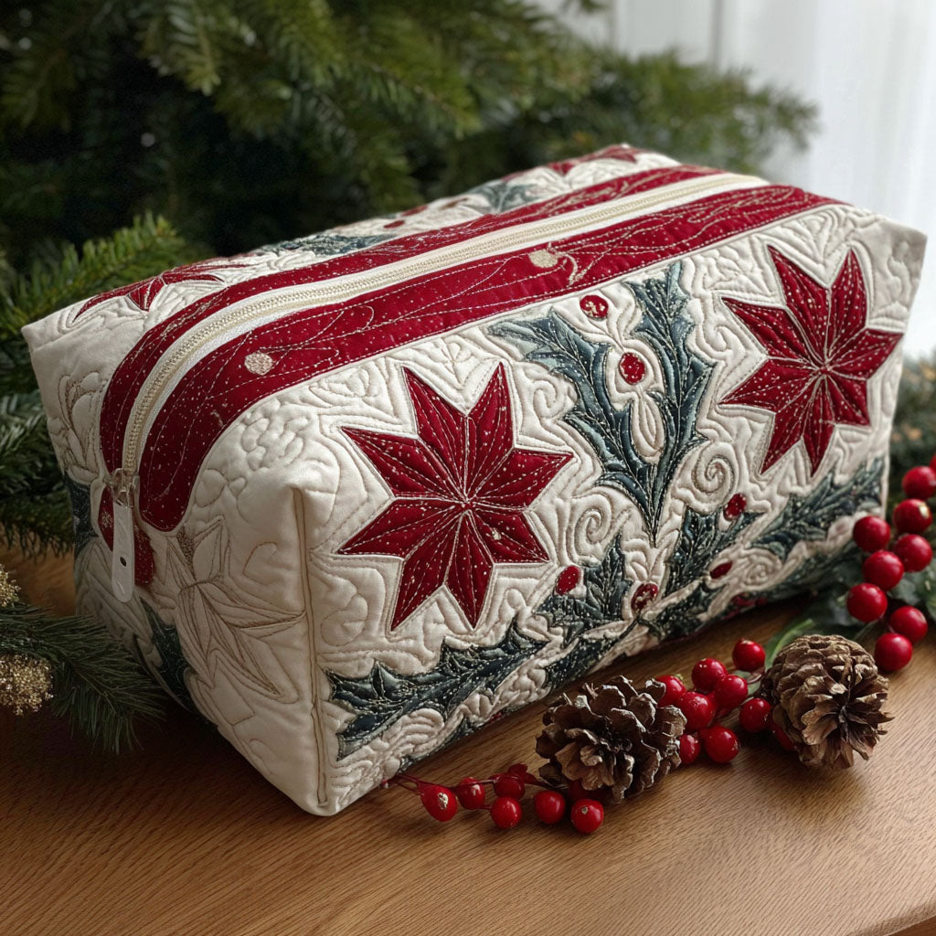 Star Petal quilted make-up bag with red poinsettia stars and green sprigs between red stripes