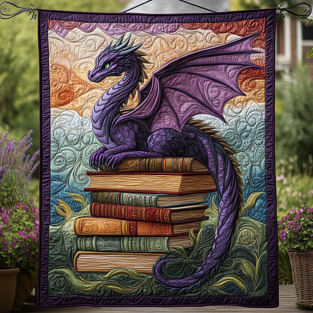 Purple Dragon on a Book Stack quilted throw – purple dragon on a tall stack of books