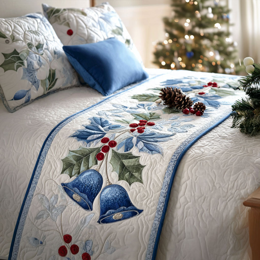 Blue Bells and Holly quilted bed runner – blue bells and holly on white