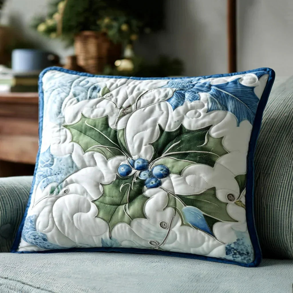 Quilted pillowcase with gold and silver Starlight Bells hanging in clusters among small stars on a deep night-blue ground